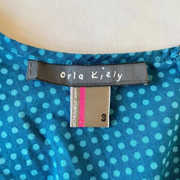 Orla Kiely Women's Grid Dot Cap Sleeve A-Line Belted Bow Dress in Blue & Teal 8 - Picture 5 of 11